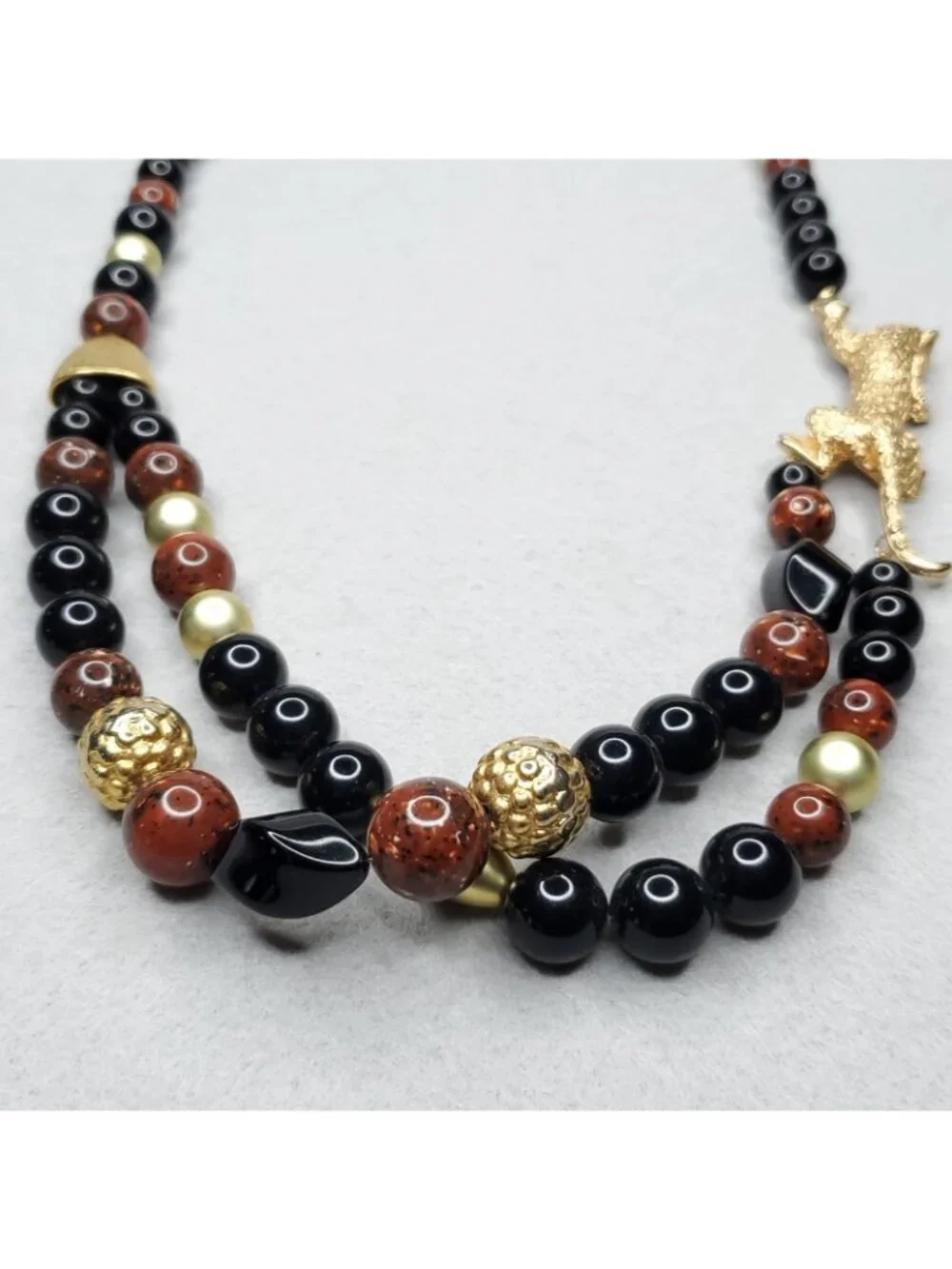 Vintage Beaded Necklace Gold Tone Leopard Black Brown 30